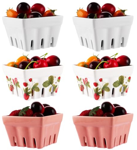STATVAST 6er-set Beerenkorben, Melamin-Beerenschüssel mit Löchern, [Weiß + Pink + Erdbeere] x2 quadratischer Küchen-Obstkorb, 11x10.5x7CM Sieb, niedlicher kleiner Behälter für Erdbeere, Traube, Kirsc