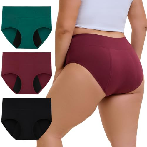 INNERSY Periodenunterschwäsche Große Größen Starke Blutung (XL-5XL) 3 Pack | Menstruation Slip Baumwolle, Periodenunterwäsche Waschbar, Hohe Taille Periodenslips Damen, Auslaufsichere Unterwäsche, 44-62