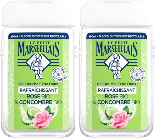 Le Petit Marseillais | Gel Douche Extra Doux Rafraîchissant Rose Bio & Concombre Bio (flacon de 250 ml) – 92% d'ingrédients d'origine naturelle – pH neutre pour la peau et sans colorant (Lot de 2)