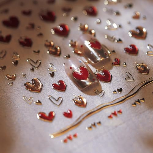 Nymora Gel Nail Art Stickers, Red Heart Gold Foil Nail Transfers, 1 Sheet M-551 Valentines Day Nail Stickers for UV/LED Nail Design Decoration