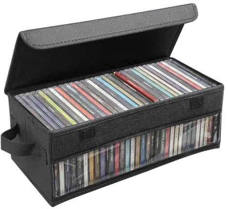 Dntorx CD Aufbewahrungsbox, 36 x 16 x 14 cm Ständer mit Griffen Deckel und Sichtfenster, Stapelbare CD Organizer DVD Aufbewahrung Behälter CD Box Fasst bis zu 32 CDs in vollen Juwelenhüllen (Schwarz)