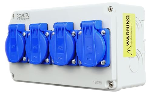 RoadEu – Coffret de prises 230V IP44 | Boîtier mural 4 prises 16A pré-câblé | Atelier, garage & chantier