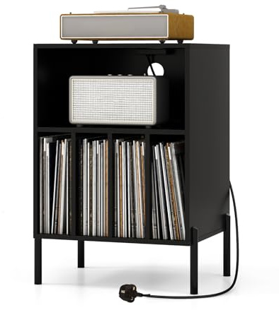 CASART Record Player Stand, Turntable Stand with Charging Station, Metal Legs & Cable Hole, Vinyl Record Storage Cabinet Holds up to 150 Albums End Table for Living Room Bedroom (Black)