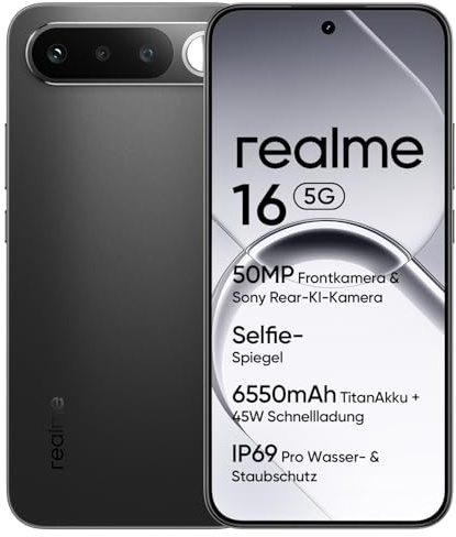 Smartphone realme 16 5G, 6GB+256GB, Écran AMOLED 120Hz 6,57, Batterie 6550mAh, Caméra 50MP Sony IMX852, IP69Pro, Recharge Rapide 45W, Double SIM, NEXTAi, Noir (sans Adaptateur)