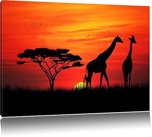 Pixxprint Dark Afrika Giraffen im Sonnenuntergang, Größe: 120x80cm, Leinwandbild, fertig gespannt, Wandbild, Dekoration, Kunstdruck, kein Poster