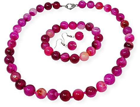 TreasureBay Stunning 12mm Natural Gemstone Beaded Necklace and Bracelet Jewellery Set For Women (Pink Lace Agate)