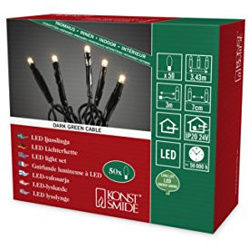 Konstsmide Micro LED Lichterkette, 50 warm weiße Dioden, 24V Innentrafo, dunkelgrünes Kabel - 6353-120