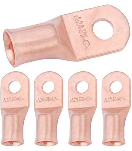 SELTERM 2/0 AWG (70 mm²) - 5/16 (M8) ⌀ Hole UL Heavy Duty Wire Lugs, Battery Cable Ends, Bare Copper Eyelets, Tubular Ring Terminal Connectors [B77] - 5 Pack