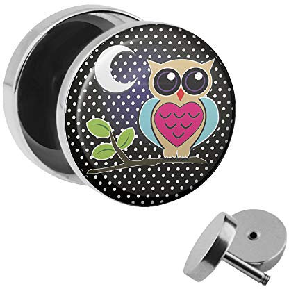 Treuheld | Ohrstecker zum Schrauben - Nacht-Eule mit Mond & AST - schwarz-grau - Motiv Fake-Plug Ø 10mm Silber - Edel-Stahl Ohr-Ringe - Chirurgen-Stahl 316L Fake-Tunnel - Gewinde Ohr-Stecker