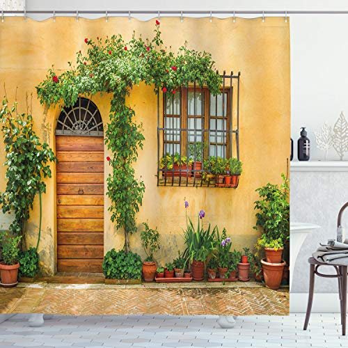 ABAKUHAUS Italy Shower Curtain, Porch Different Flowers Pots Fresh Plants City Life in Tuscany Europe, Cloth Fabric Bathroom Decor Set with Hooks, 78 Inches, Apricot Green Brown
