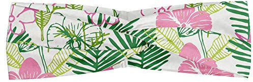 ABAKUHAUS Leaves Headband, Illustration of Orchid Blossom Flowers Pinnation Motifs on Plain Backdrop, Elastic and Soft Women's Bandana for Sports and Everyday Use, White and Multicolor