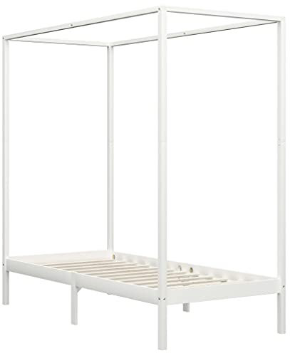 vidaXL Kiefernholz Massiv Himmelbett Bett Bettgestell Einzelbett Holzbett Bettrahmen Lattenrost Massivholzbett Schlafzimmerbett Weiß 90x200cm