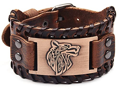 Thajaling Bracelet viking marron loup fenrir - Bracelet nordique vintage talisman - Bracelet gothique pour cosplay celtique païen, Adjustable from 18 to 22.5 cm, Cuir
