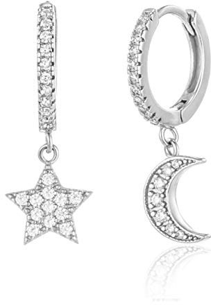 Brandlinger ® Ohrringe Silber 925 hängend. Creolen mit Anhänger Mond und Stern. Schmuck Damen vergoldet mit 18 Karat (Silber und Gold) für Frauen und Mädchen. Durchmesser der Creolen 12mm.
