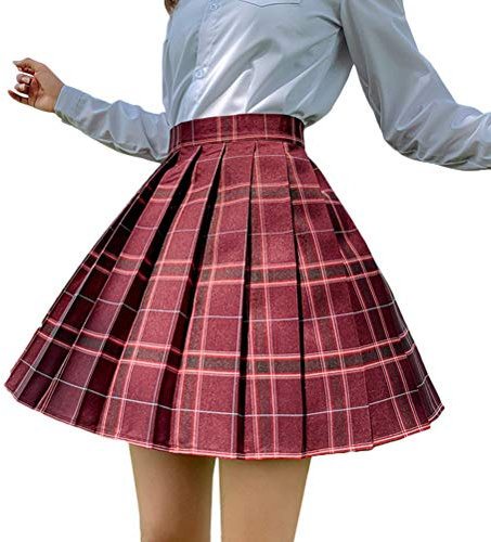 Minetom Damen Kariert Kilt-Rock Faltenröcke Tartan Minirock Hohe Taille Kurz Skirt Skater Rock Informell Mini Glocken Rock Weinrot L