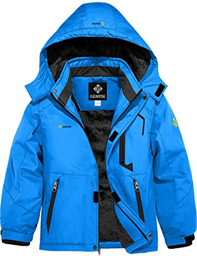 GEMYSE Jungen Winterjacke Outdoor Wasserdicht Winddicht Skijacke mit Kapuze und Fleece (Himmelblau 01,152-158)
