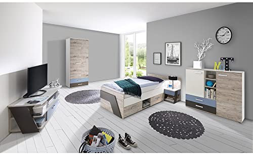 Jugendzimmer Kinderzimmer Komplett Set, Sandeiche weiß Lava blau, 90 x 200 cm Jugendbett, Kleiderschrank, Nachttisch, Kommode, TV Lowboard