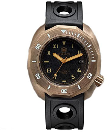 NC STEELDIVE SD1946S 44,5 mm Gehäuse aus massiver Bronze, schwarzes Zifferblatt, Herrenuhren, Lederband, Saphirglas, Vintage NH35, automatische Taucheruhr, Herren (Rubber Strap)