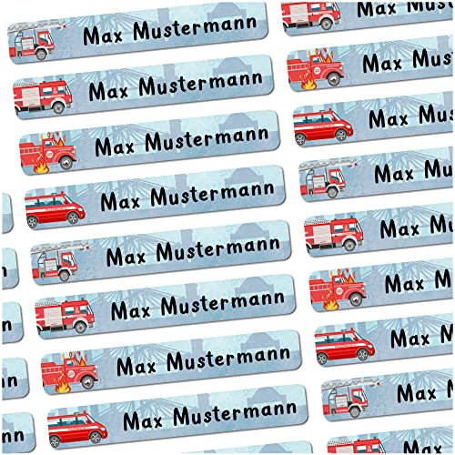 72 Stück personalisierte Namensaufkleber für Schulsache. Für Kinder Schule und Kindergarten zum Markieren von Gegenständen (Feuerwehr) Maße 4,9 x 0,75cm