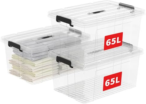 Cetomo 65L*3 Aufbewahrungsboxen, Tragbare Plastikboxen mit Deckeln, Organizer-Behälter mit Griff und Clips, Stapelbar, Ineinander Nestbar, für Zuhause und Büro, Transparent, 65L-3er Pack