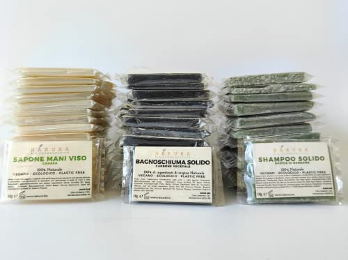 KIT CORTESIA Solido - 48 pezzi monouso- per Hotel alberghi B&B - 48pz: 16x Shampoo +16x Doccciaschiuma +16x Sapone ManiViso. 100% Naturale - Ecologico & Plastic Free - Vegan - Fatto a Mano in Italia