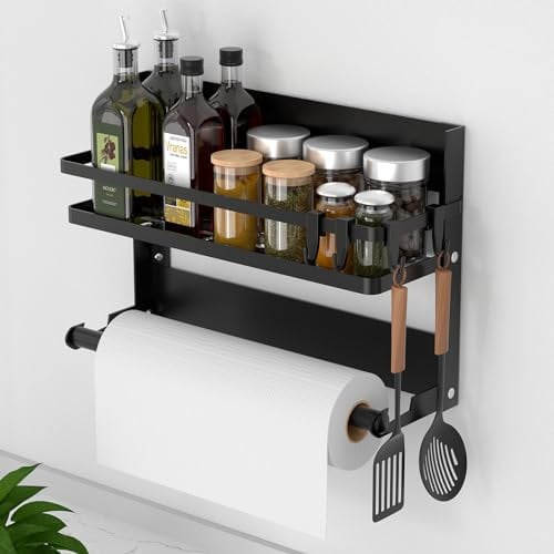 DUNSOO Porta Spezie per Cucina, Scaffale Portaspezie per Frigorifero con Porta Rotolo da Cucina e 4 Gancio, Mensola Cucina Salvaspazio per Corridoio, Bagno o Cucina, Forte e Bello, Pratico(nero)