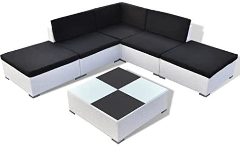 Hommdiy 6-TLG. Garten-Lounge-Set mit Auflagen Poly Rattan Lounge, Sitzgruppe mit Glastisch, Sofa Tisch Set, Familien-Lounge, Weiß, schwarz