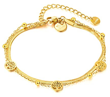 VICKWOOD Lebensbaum Armband aus Edelstahl Kette 22 cm Lang 18K Vergoldung Wasserfest in Gold/Rose Gold/Silber Geschenk für Frauen (A.Band_Gold)