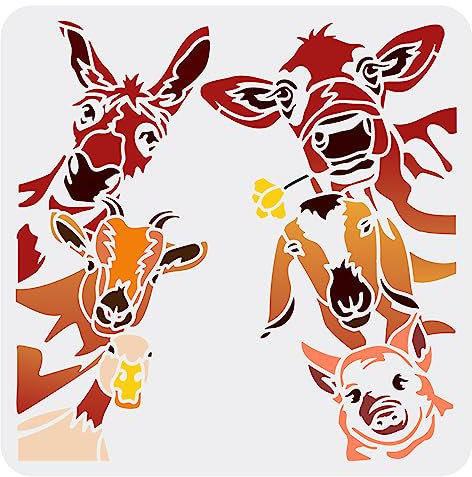 FINGERINSPIRE Bauernhof Tiere Kopf Schablone 30x30 cm Quadratische Malschablone Pferdekopf Vorlage Ziegen Schablone Rinder Schablone Schaf Schablone Schwein Schablone Enten Schablone Für DIY Bastel