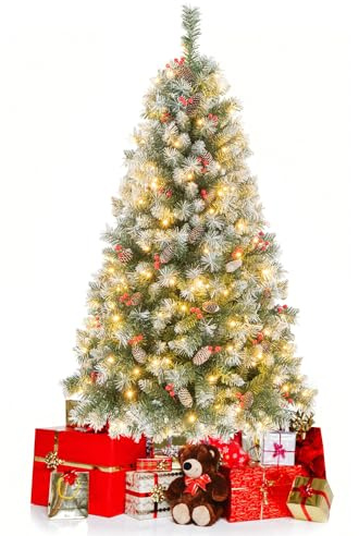 COSTWAY Albero di Natale Pre-Illuminato 150/195 cm, Albero di Natale con 200/420 Luci LED Bianche Calde, 8 Modalità di Illuminazione, 450/909 Punte di Ramo, Bacche Rosse e Pigne (150 cm)