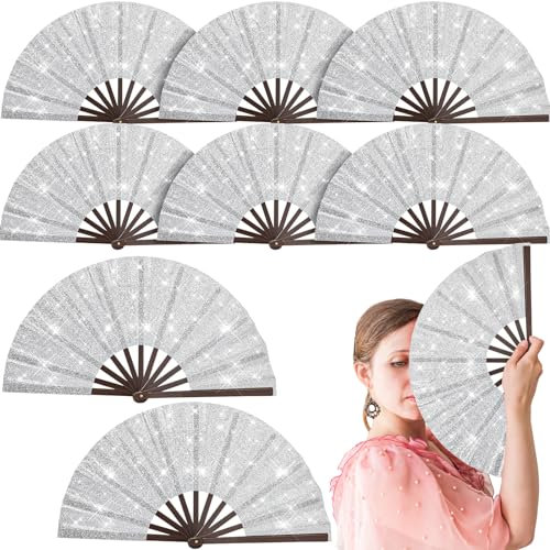 Wenqik Großer Glitzer-Rave-Fächer, Valentinstag-Dekoration, faltbar, chinesischer Kung-Fu-Ventilator für Zuhause, Tanzclub, Festival, Party, Bühne, Aufführung, Dekoration, 9 Stück (Silber)