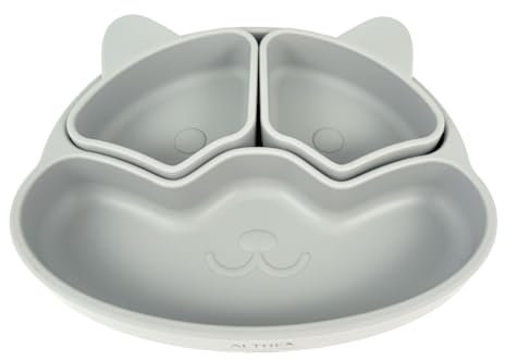 Althea Living - Plato Silicona Orgánica Bebé con Divisiones y Ventosa | Ventosa Fuerte, BLW, Libre de BPA | Extras Compartimentos Desmontables | Fácil Limpieza, Gris perla, Silicona