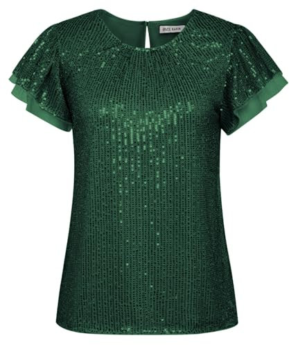 GRACE KARIN Pailletten Bluse Tanzabend Party Glitzer Top Dunkelgrün M
