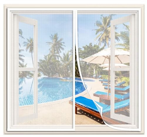 Magnet Fliegengitter Fenster, 55x185cm katzennetz, Vorhang Fliegenvorhang Moskitonetz für BalkonFenster Wohnzimmer TerrassenFenster Automatisches Schließen, Klebemontage ohne Bohren,Weiß