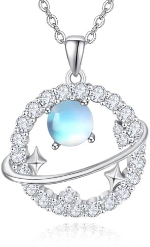 TANGPOET Saturn Kette für Damen Frauen Mädchen Silber 925 Mondstein Planeten Anhänger Halskette Weltraum Weltall Schmuck Geschenke für Müttertag Weihnachten Geburtstag Valentinstag