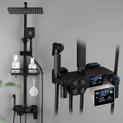 Système de douche noir avec thermostat, pommeau de douche de 30 x 19 cm, écran LED de température, mitigeur de douche avec douchette à 3 fonctions, kit de douche polyvalent en acier inoxydable, barre