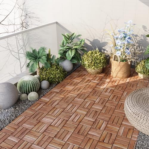 casa.pro Set de 10 Dalles en Bois avec 12 Lattes Décoratives Carreaux à Clipser Résistants pour Terrasse Balcon Jardin Sauna Piscine Bois d'Acacia Surface Totale 0,9 m² Naturel