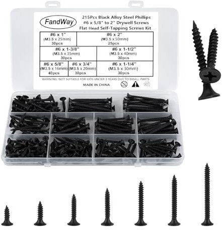 FandWay Pack of 215 M3.5 x 16 ~ 50 mm Flat Head Self-Tapping Screws Made of Carbon Steel, Black Oxide Tapping Screws Set, Countersunk Phillips Wood Screws Assortment for DIY Project, Repair.