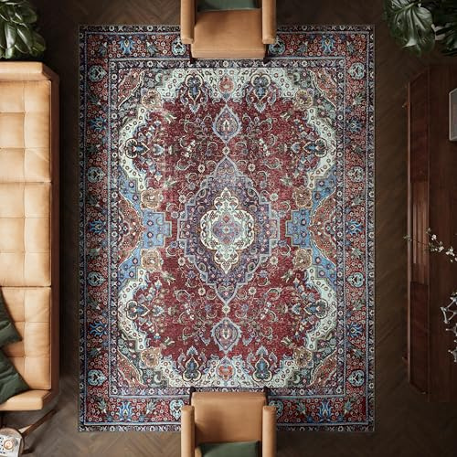artyrugs Machine Washable Rug, 240x330cm, 75% Recycled Cotton, Short Pile, Non-Slip Backing, Non-Shedding, Suitable for Bedroom, Kitchen, Hallway, Office, Large, Burgundy Red & Blue