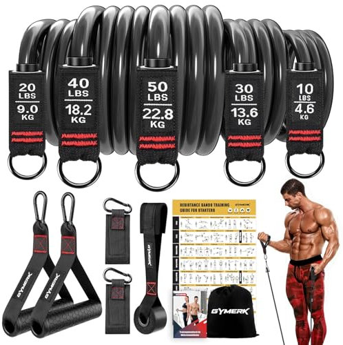 GYMERK Resistance Bands Set, Expander Fitness Mit Gummigriffe, Trainingsplakat, Knöchelriemen, Türanker, Tragtasche, 5er Verschiedene Widerstandsstufen Ideal für Krafttraining
