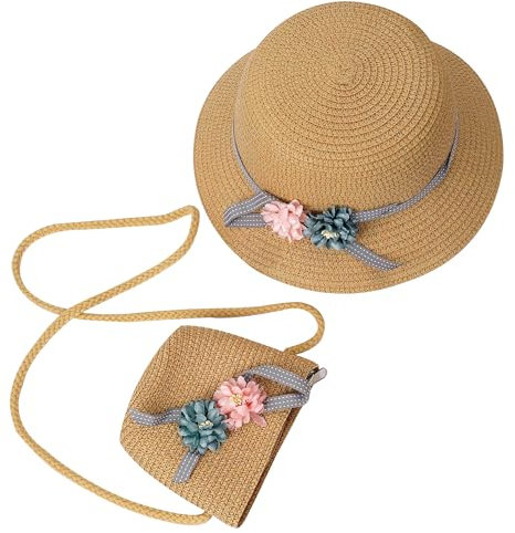 Strohhut und Kleine Tasche Set Mädchen Kinder Sommer Sonnenhut mit Blumendekoration für den Urlaub Reise Outdoor-Aktivitäten Khaki