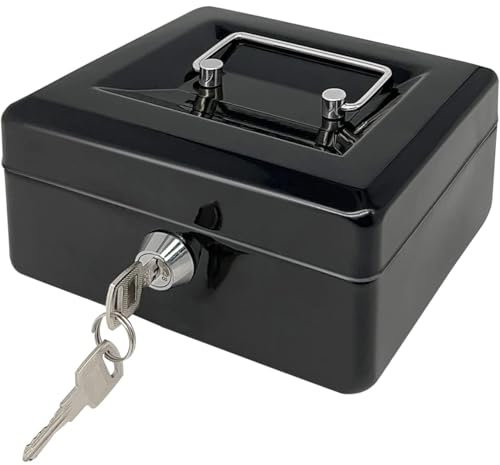 Money Tin Box with Key, Portable Cash Box with Coin Tray, Small Cash Tin for Home, Office and Events (Black-small)