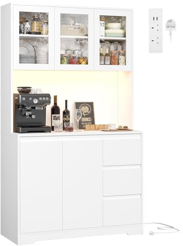 FirFurd Kitchen Cupboard 180cm Tall Cabinet with LED, Power Sockets Kitchen Sideboard Storage Cabinet with Large Countertop, Adjustable Shelves, 3 Drawers 180x100x38.5 cm White