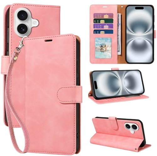 GOTOURED for iPhone 16 Wallet Case, RFID Blocking 4 Card Slots Holder, Soft Leather Protective, Kickstand, Wrist Strap, Shockproof Folio Flip Cases for iPhone 16 Cover (Pink)
