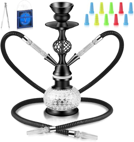 WINROOT Juego de cachimba con 2 mangueras, juego de cachimba de 12 pulgadas con cuenco de cerámica, manguera premium, jarrón de cristal, 50 hojas de shisha y 20 puntas de shisha