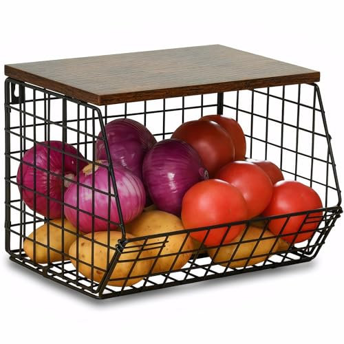 Vegetable Rack,Wall Mounted Fruit Basket for Kitchen,Countertop,Vegetable Rack for Kitchen,Hanging Veg Baskets, Black Wire Basket,Stackable Fruit And Veg Storage for Onion,potato,Bread (1)