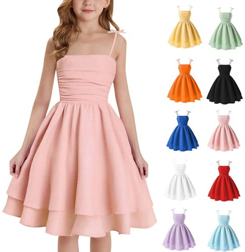 Robe Ado Fille 14 Ans Enfant 12 Rose Poudre De Soirée Mariage Mi Longue Robes Ceremonie Décontractées Fluide Tunique Jupe Plissée sans Manches Couleur Unie Tenue
