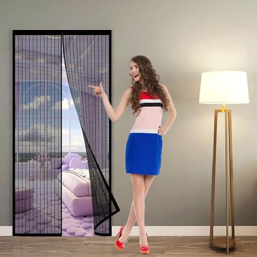 Fly Screens for Doors Metal 197 x 190 cm Anti Mosquito Heavy Duty Bug Mesh Curtain Keep Bugs Out for French Doors Sliding Glass Patio, Black