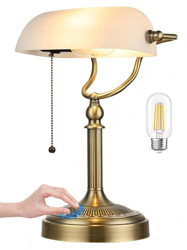 Newrays White Matted Glass Bankers Desk Lamp, Stepless Dimmable Table Lamp Plug in Fixture for Study, Home Office,Library, LED Bulb Included