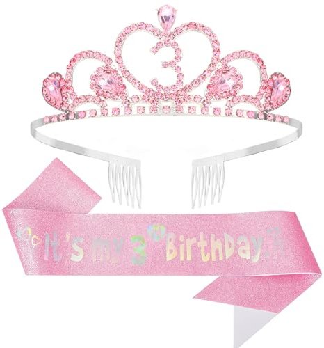 Lilbitty Pinkes Geburtstagskrone Set für Mädchen mit Tiara und Schärpe - Prinzessin Krone für den 4. Geburtstag, Perfekt für Party und Feier